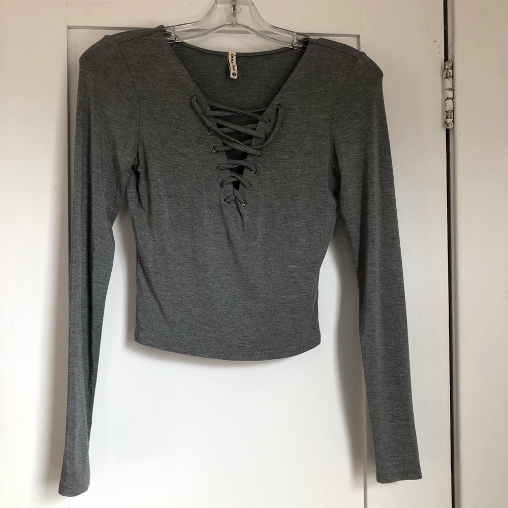 LF Emma & Sam Gray Lace Up Long Sleeve Top